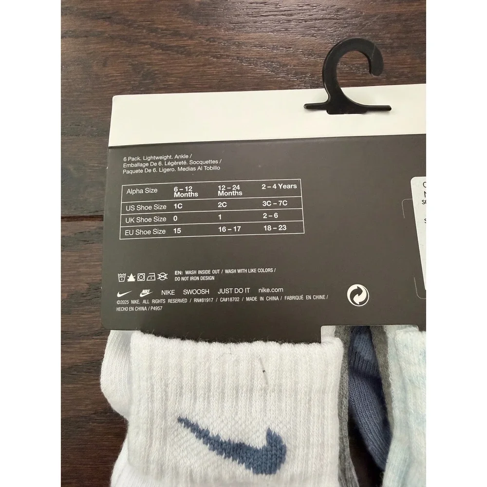 Nike Infant 6 Pack Lightweight Ankle Socks Blue White Grey 12-24M NN0801-U9E